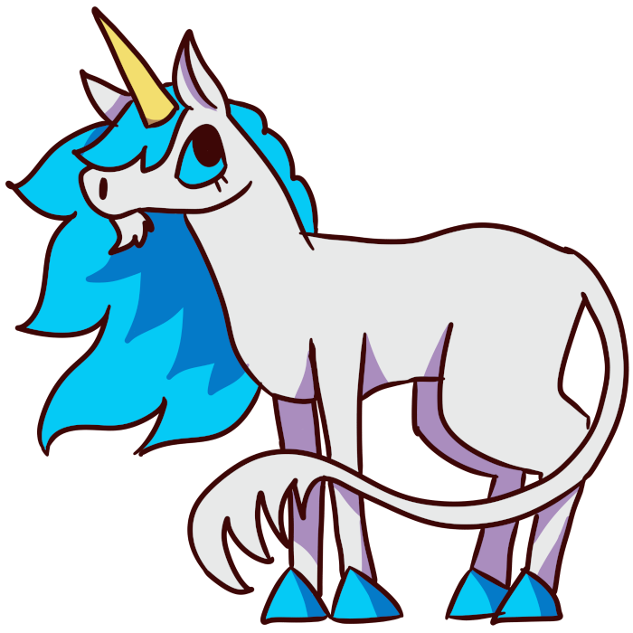 a white unicorn with a blue mane and hooves and a yellow horn.